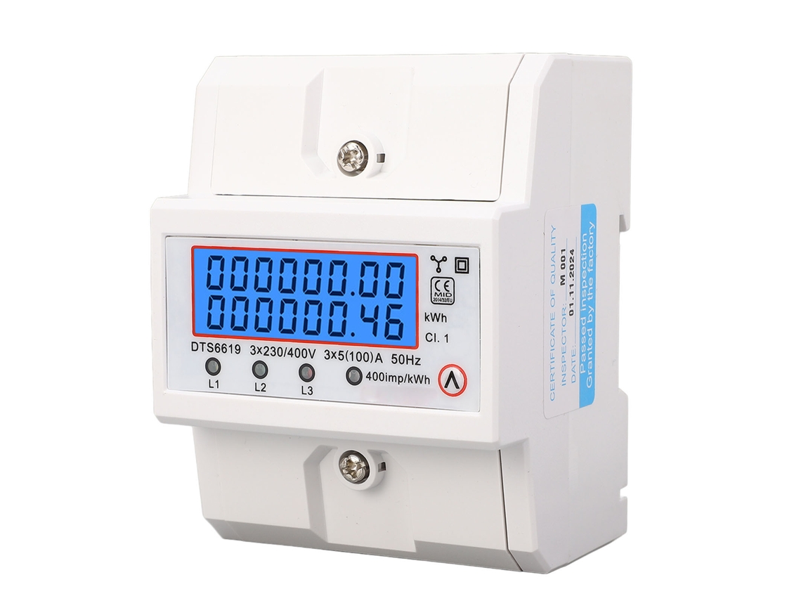 Medidor de energía trifásico para riel DIN de 4 hilos con pantalla LCD retroiluminada para uso eléctrico doméstico.
