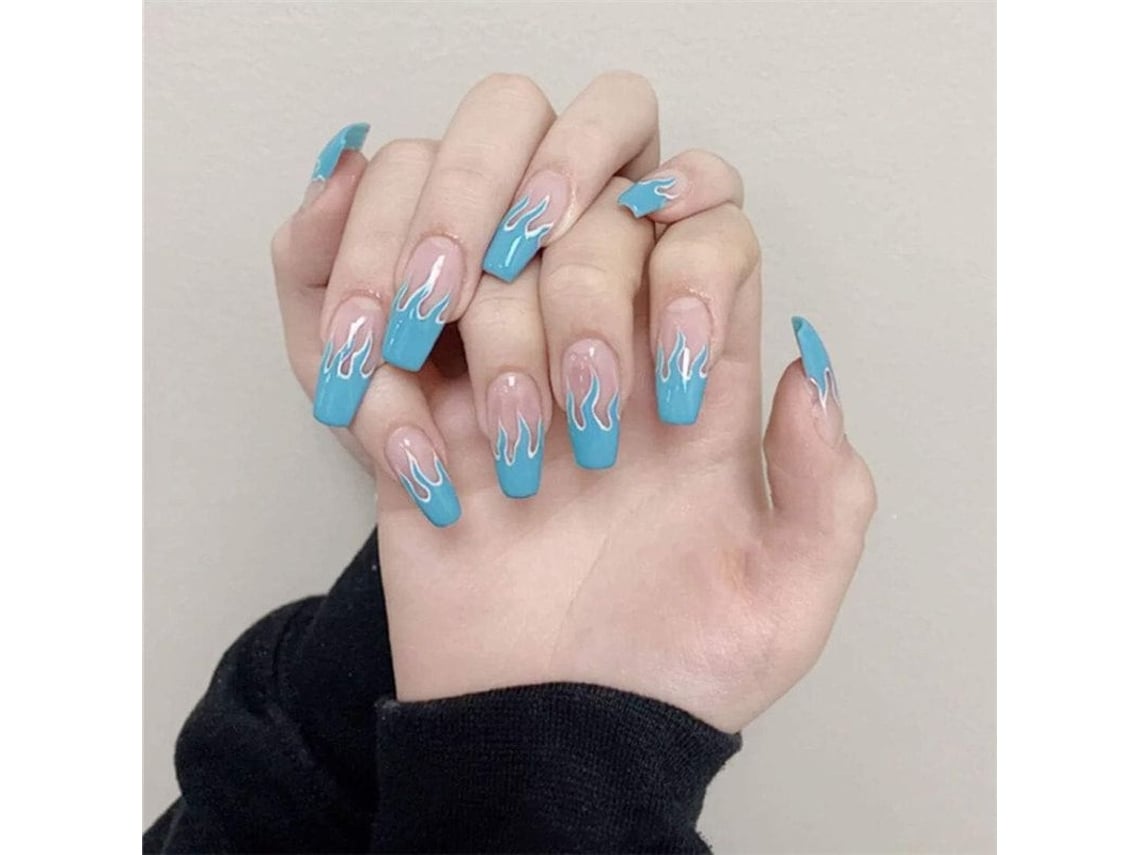 Uñas Postizas Acrílicas Cuadradas Linjou Color Azul Llama, De Presión, Con Pegamento.