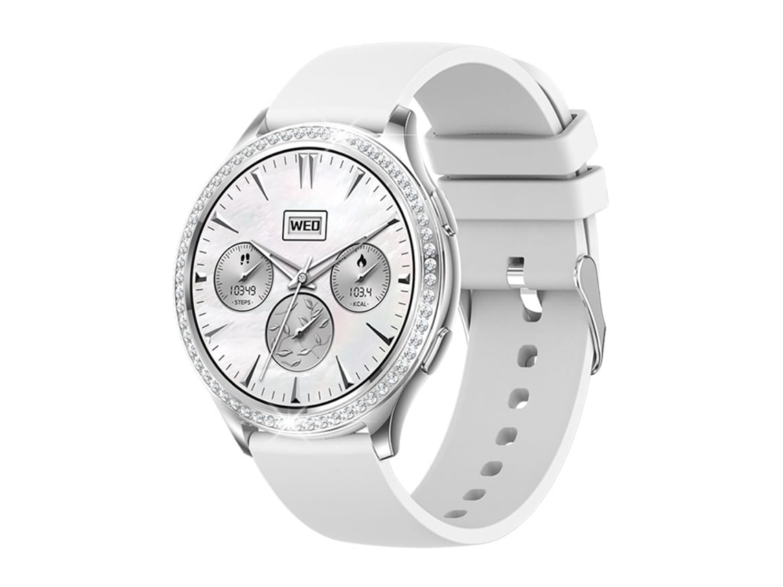 Reloj inteligente Yunzii plateado con llamadas Bluetooth, múltiples modos deportivos y detalles en diamantes.