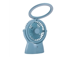 Mini ventilador recargable por USB con luz nocturna azul.