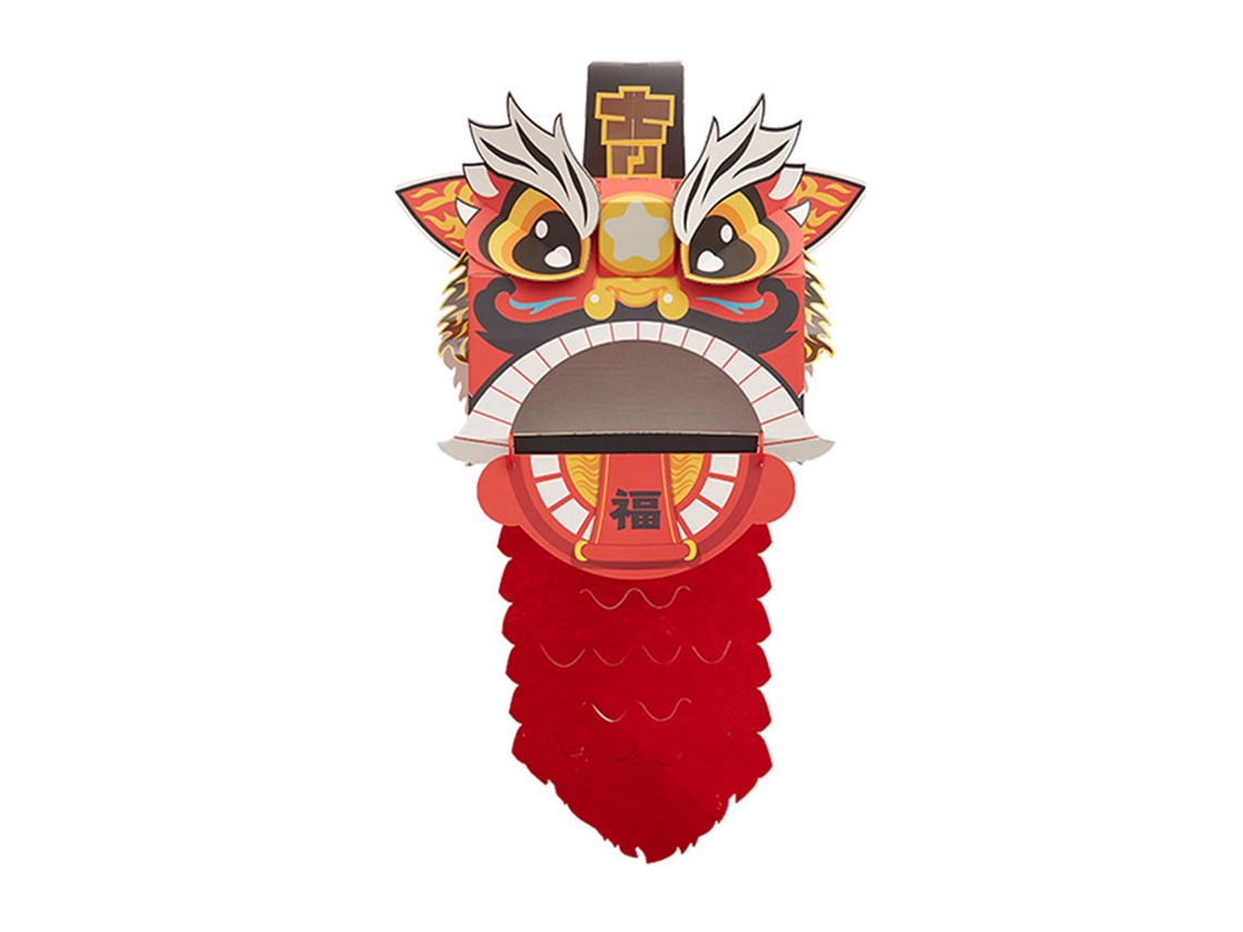 Cabeza De León Chino De Papel Hecha A Mano, Linda Y Educativa Para Niños, Color Rojo.