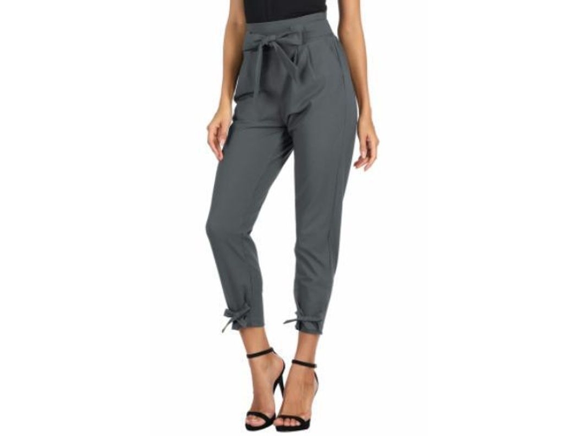 2026-pantalones Casuales De Mujer De Cintura Alta Con Bolsillos De Nudo Para Trabajo M Gris
