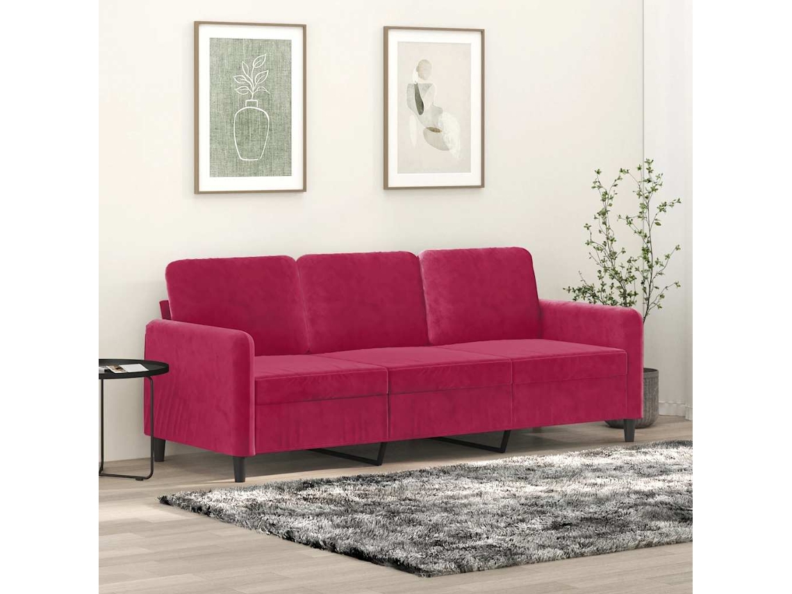 Sofá De 3 Plazas | Sofá De Salón | Sofá De Descanso De Terciopelo Rojo Tinto 180 Cm