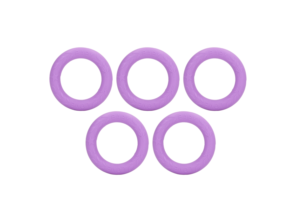 5 Pulseras De Silicona Suave Para La Dentición Del Bebé, Anillo Para Aliviar Las Encías, Tamaño Mediano, Color Morado.