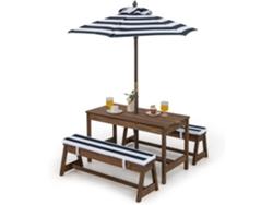 Juego de Mesa y 2 Bancos de Madera con Cojines y Sombrilla, Set de Mesa y Silla para Actividades Interiores y Exteriores para Niños (café) COSTWAY