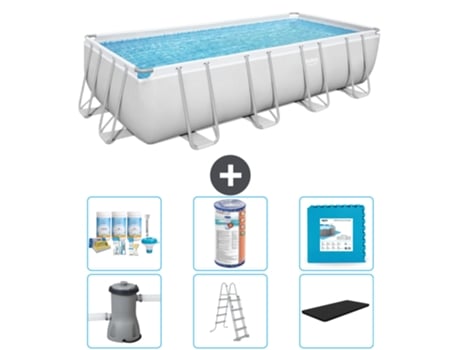 Piscina BESTWAY rectangular Power Steel - 488 x 244 x 122 - gris con bomba incluida - escalera - cubierta Accesorios CB30