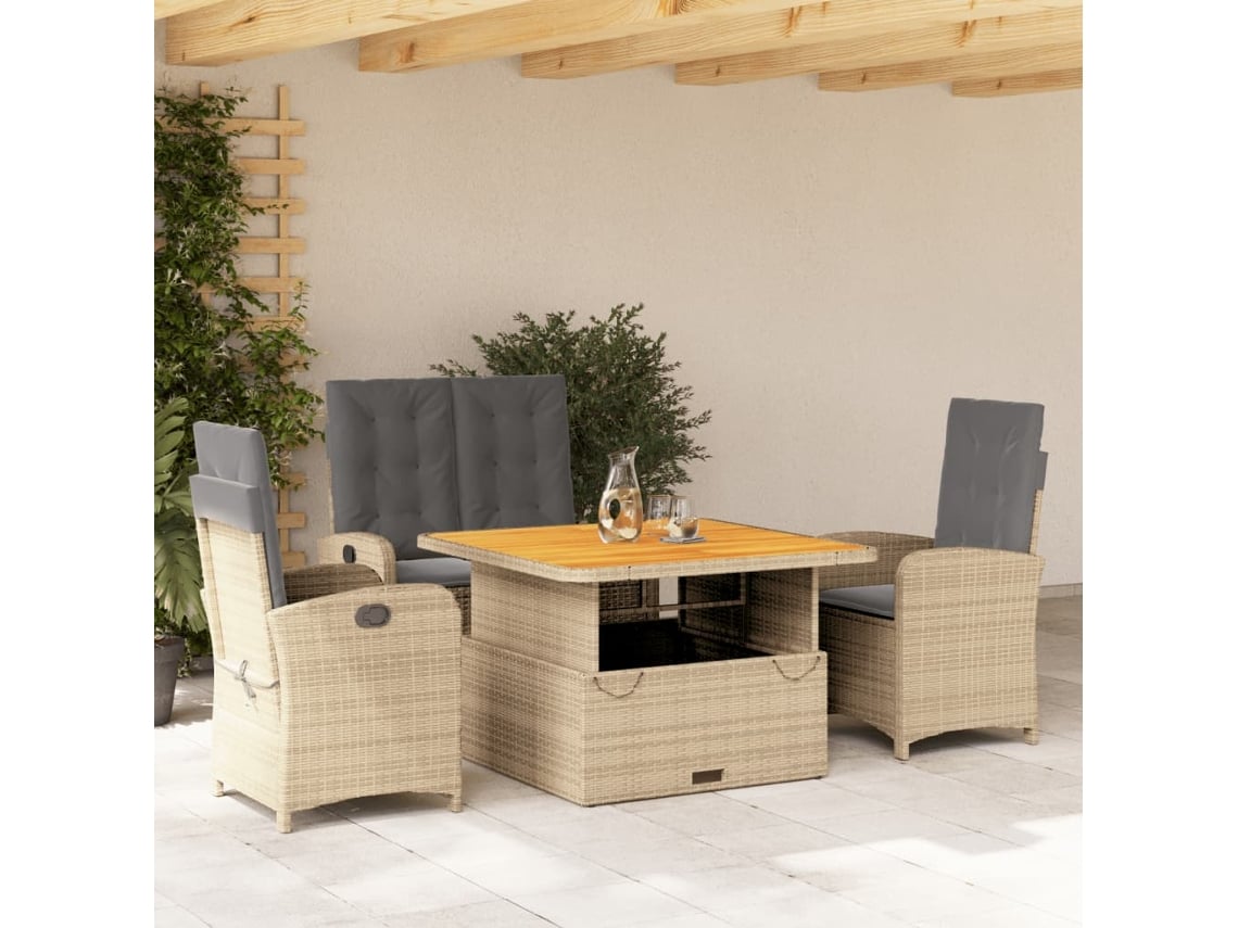 4 Pcs Conjunto De Jantar P/ Jardim C/ Almofadões Vime Pe Bege Dkd Home Decor