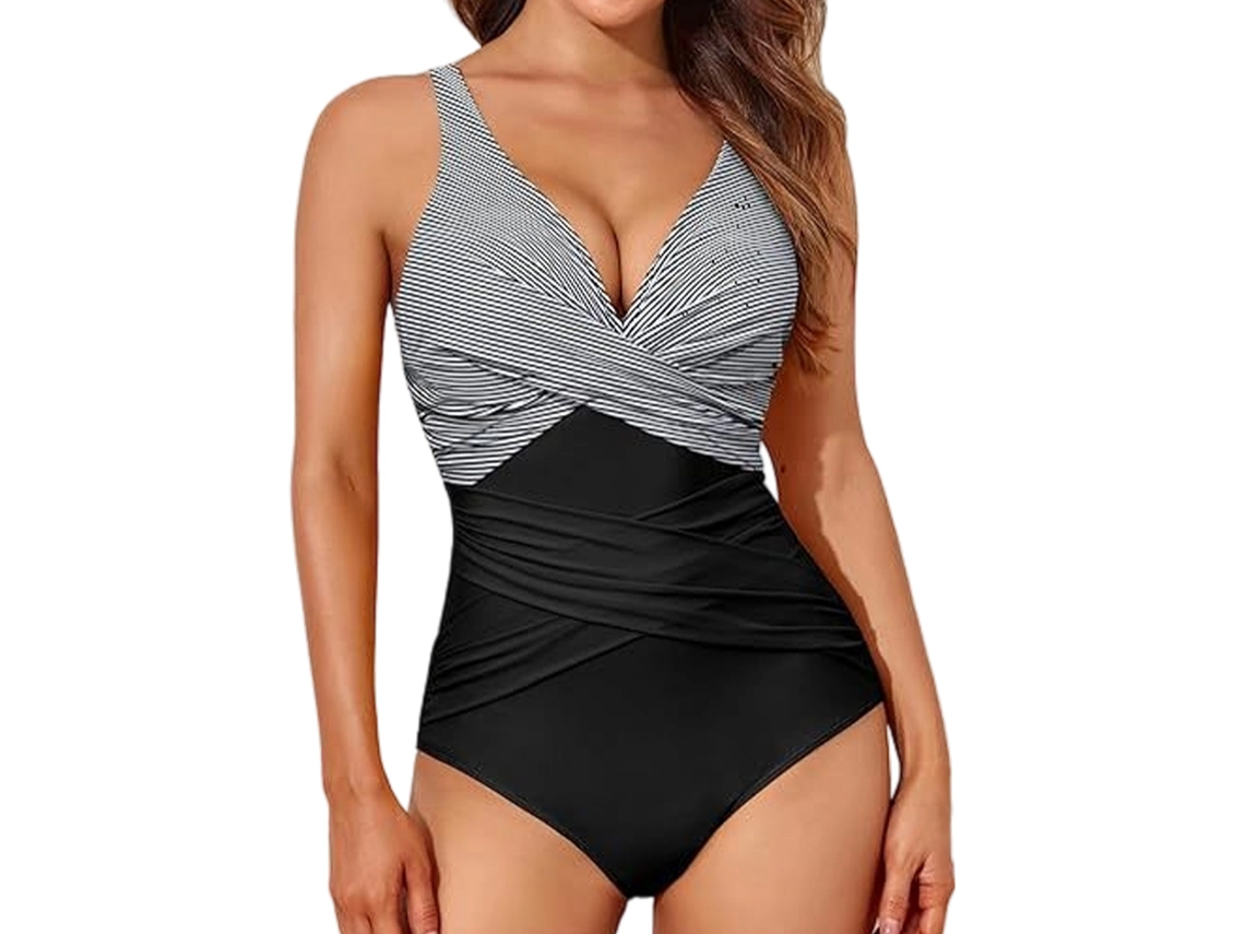 Traje De Baño De Una Pieza Transpirable Para Mujer, Con Tirantes Ajustables Y Cruzado Frontal, Control De Abdomen, Estampado Fruncido, Cuello En V, Pu