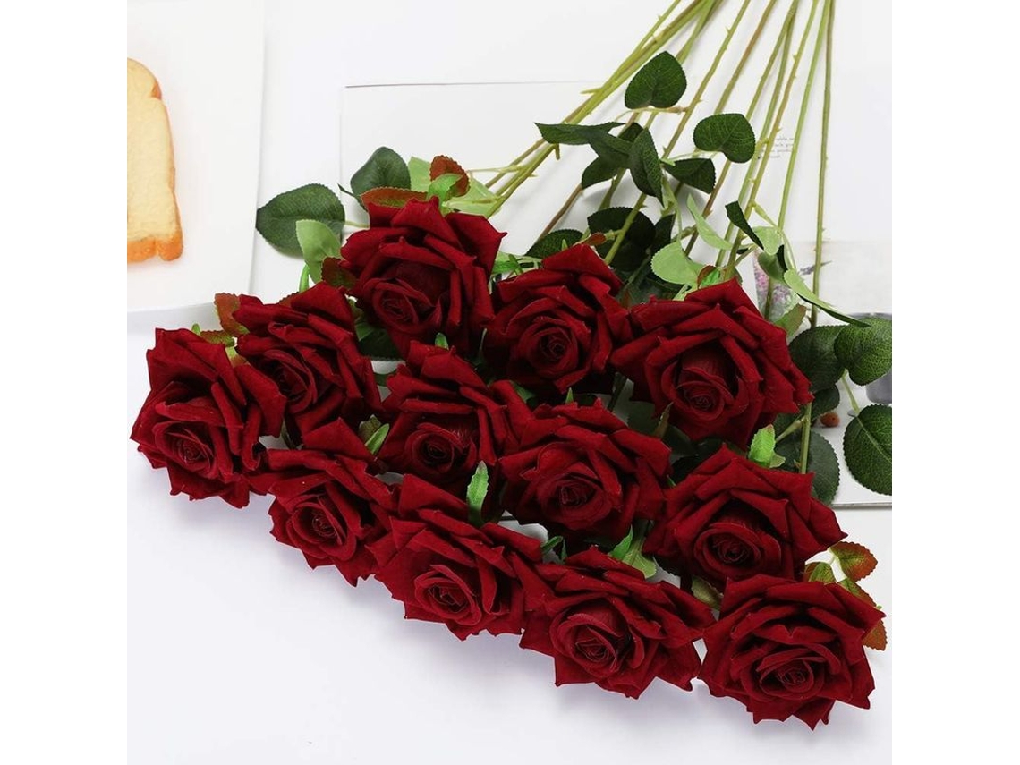 12 Rosas Artificiales De Terciopelo Con Cola Larga, Ramo Artificial Para Decoración De Bodas, Hogar Y Jardín (vino)
