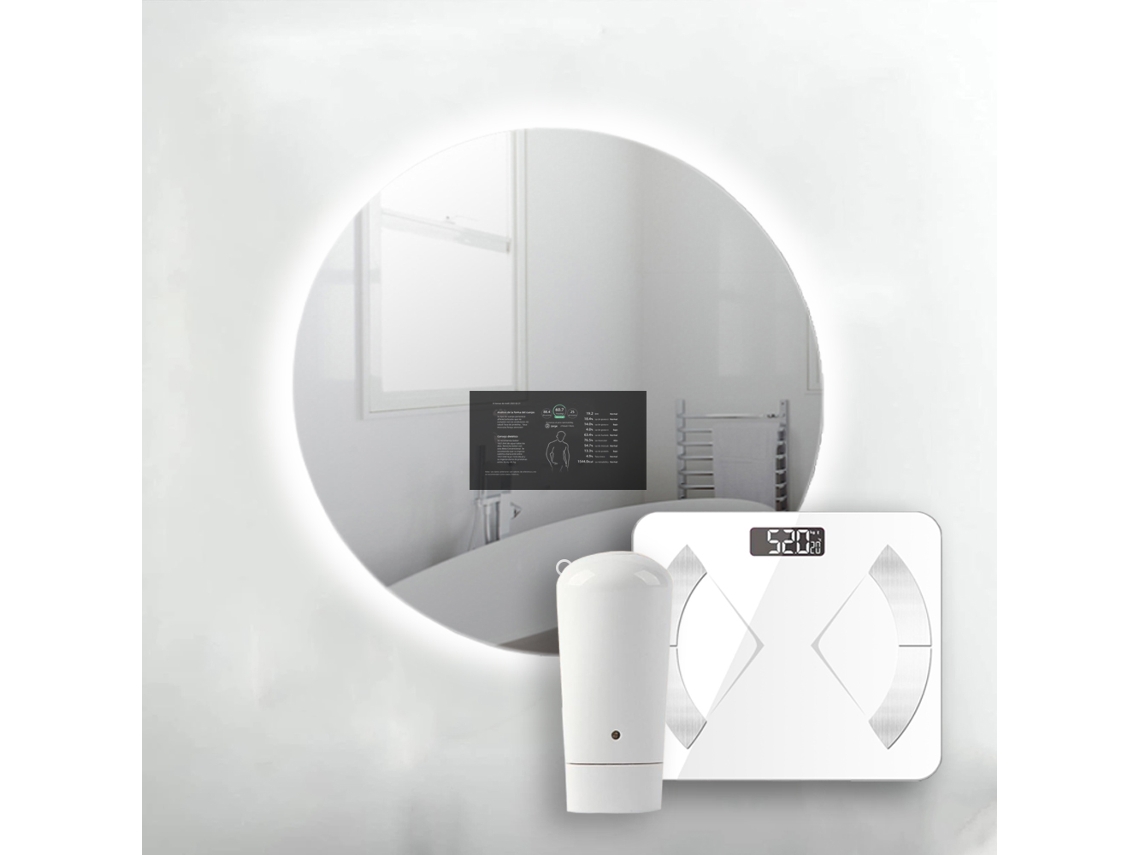 Espejo de baño redondo 60 Ø LED retroiluminado con pantalla táctil de 10,5 Báscula biométrica y sensor de piel