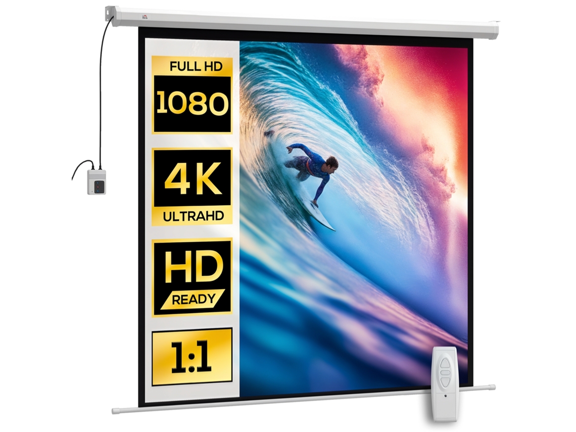 Pantalla de proyección motorizada de 85 pulgadas, 4K HD, eléctrica, para montaje en pared o techo, con panel de control y mando a distancia. VISTA