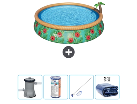 Piscina Hinchable Redonda Fast Set BESTWAY - Estampado Paraíso - 457 x 84 cm - Bomba Incluida Filtrar - kit de limpieza - Vela solar
