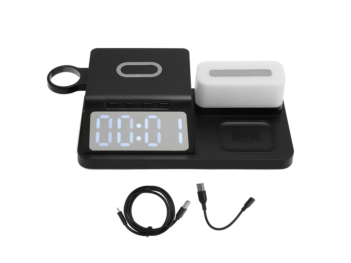 Cargador Inalámbrico Con Despertador, Luz Nocturna, Calendario, Reloj Para Teléfono Y Auriculares - Negro