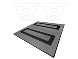 Plafones de polipropileno con cantos grises (x165) y negros (x60). Plafón LED hexagonal (x2 unidades). Monstershop (225 unidades).