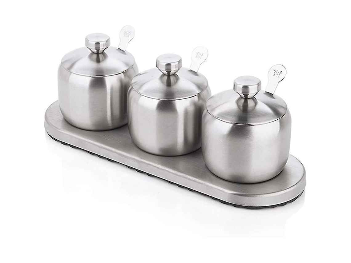 Juego de recipientes para condimentos de acero inoxidable 18/8 con soportes para eppudiente y base antideslizante.