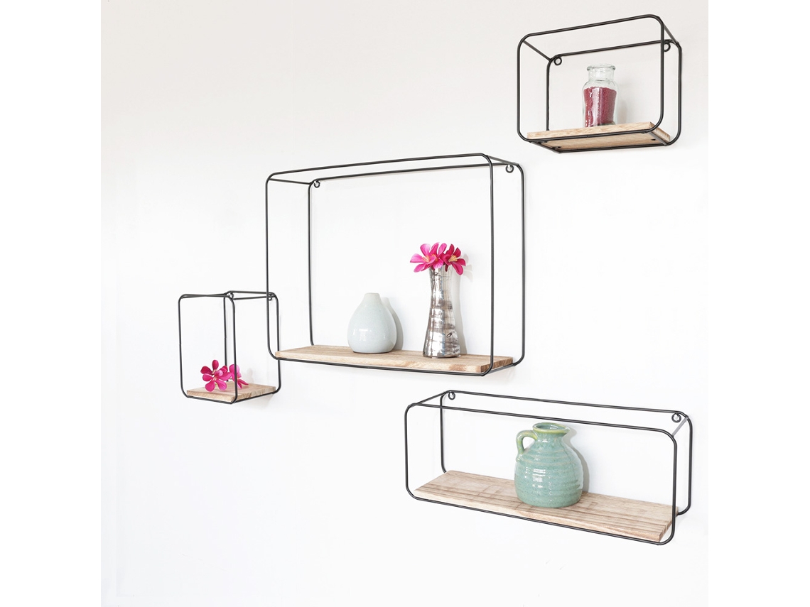 Conjunto de 4 estantes de pared rectangulares de metal negro con estante de madera IVOL