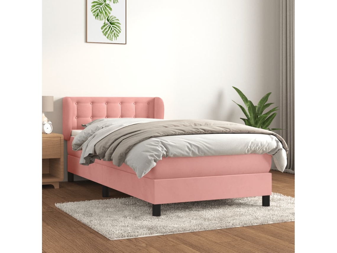 Cama con colchón de muelles y cabecero de terciopelo rosa (100x200 cm)