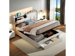 Cama Doble De 160x200 Cm Con Compartimento De Almacenamiento Hidráulico, Cabecero De Terciopelo Beige, Led, Puertos Usb Y Enchufes Europeos