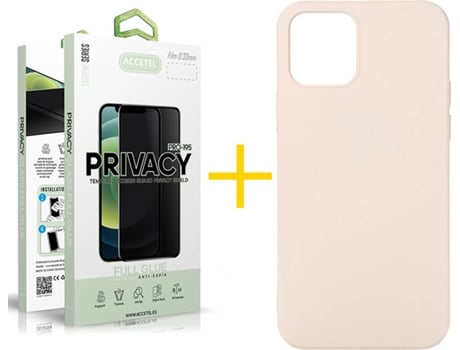 Carcasa + 1 Protector de Vidrio Anti-Spy iPhone 13 Pro Max ACCETEL Silicona Líquido Rosa Crema
