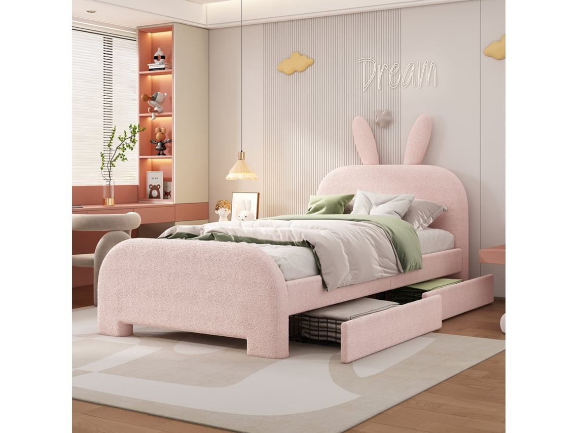 Cama Infantil De 90x200 Cm Con Diseño De Conejo, 2 Cajones, Tapizada En Rosa.