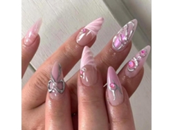 Juego De 24 Uñas Postizas 3d Con Forma De Almendra, Lazo Artificial, Punta Francesa, Para Pegar Sobre Purpurina.