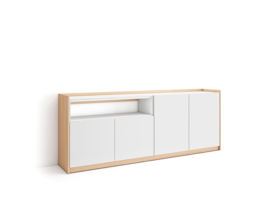 Aparador de comedor, 207x37x80cm, 4 puertas, armario de almacenamiento, blanco y roble claro.