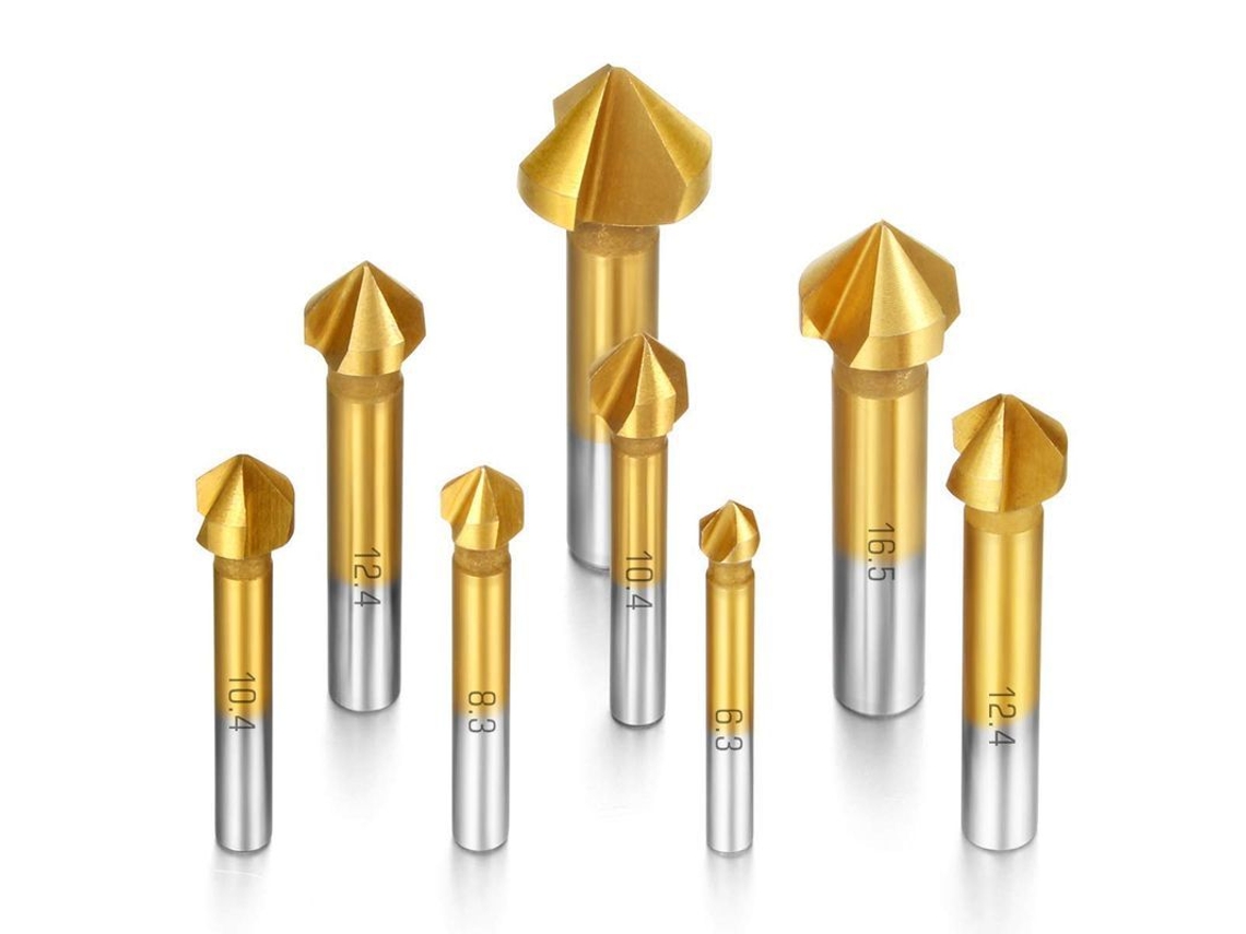 8 brocas cónicas de 90° HSS de titanio Avellanado Tools para metal y materiales en proyectos de bricolaje y construcción.