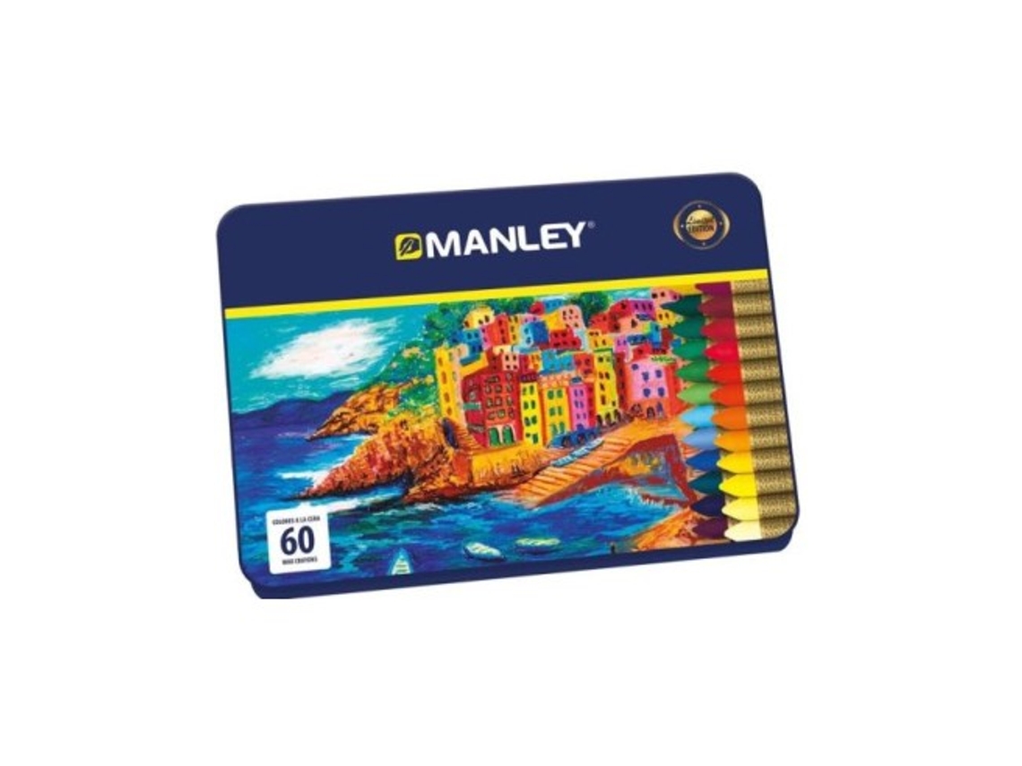 Estuche de metal con motivo del aniversario de MANLEY con 60 ceras, colores surtidos