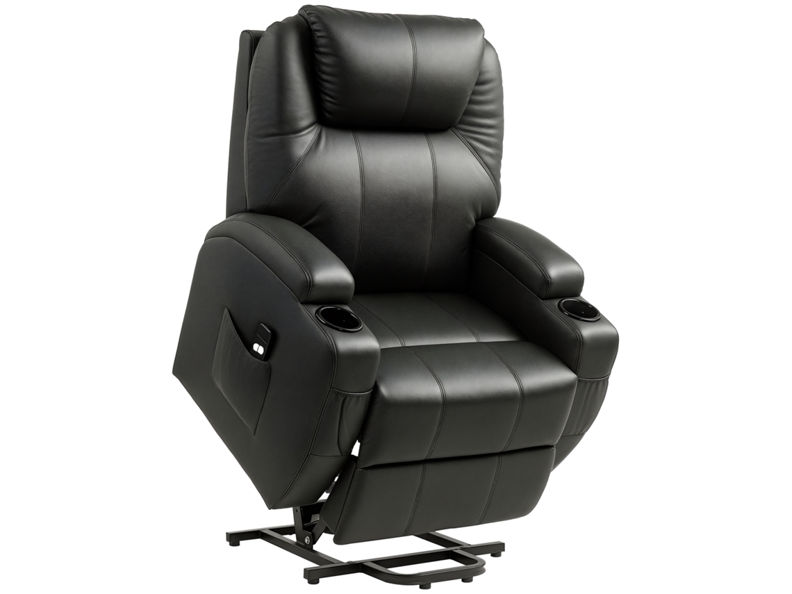 Sillón reclinable eléctrico con elevador, mando a distancia, portavasos y tapizado en cuero negro.