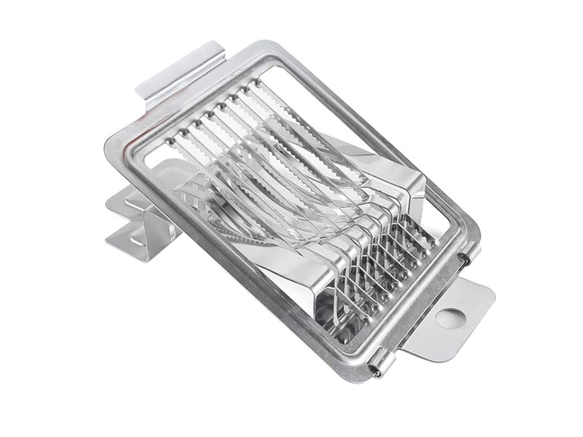 Cortador de huevos multiusos, fabricado en aluminio, con base y mango de acero inoxidable y alambres de acero inoxidable de alta resistencia para cortar huevos.