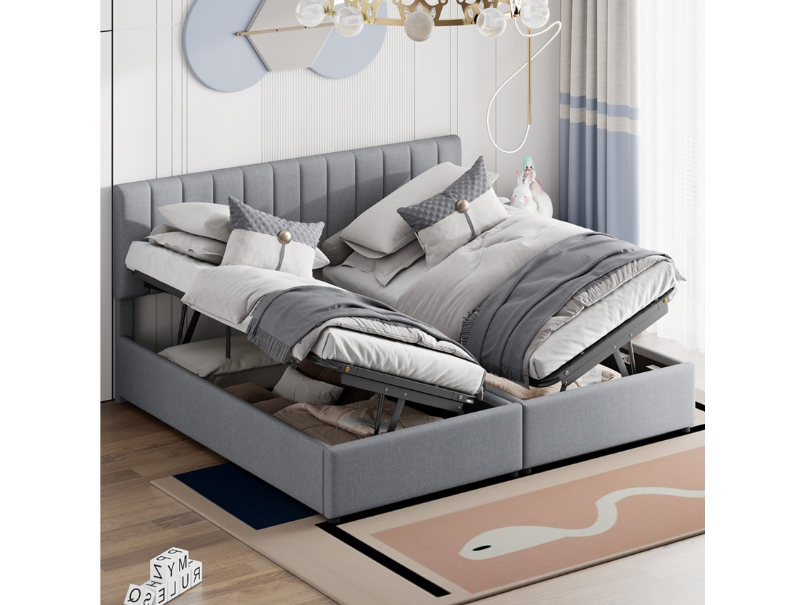 Cama Doble Tapizada De 180x200 Cm Con Compartimento De Almacenamiento Hidráulico, Somier, Cama Multifuncional, Color Gris.