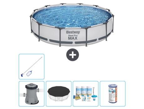 Piscina BESTWAY Round Steel Pro MAX - 366 x 76 cm - Gris - Bomba incluida Cubrir - Paquete de mantenimiento - Filtrar - kit de limpieza