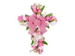 Corona de flores de tulipán con cruz festiva, adorno para puerta y pared