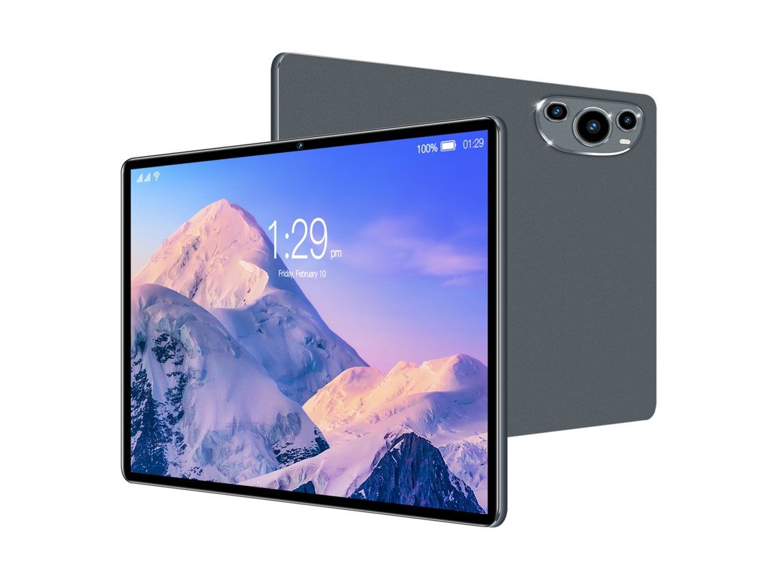 Tablet Android de 10,1 pulgadas y 14 pulgadas con pantalla HD, procesador de ocho núcleos y batería de 8000 mAh en azul o gris claro dorado.