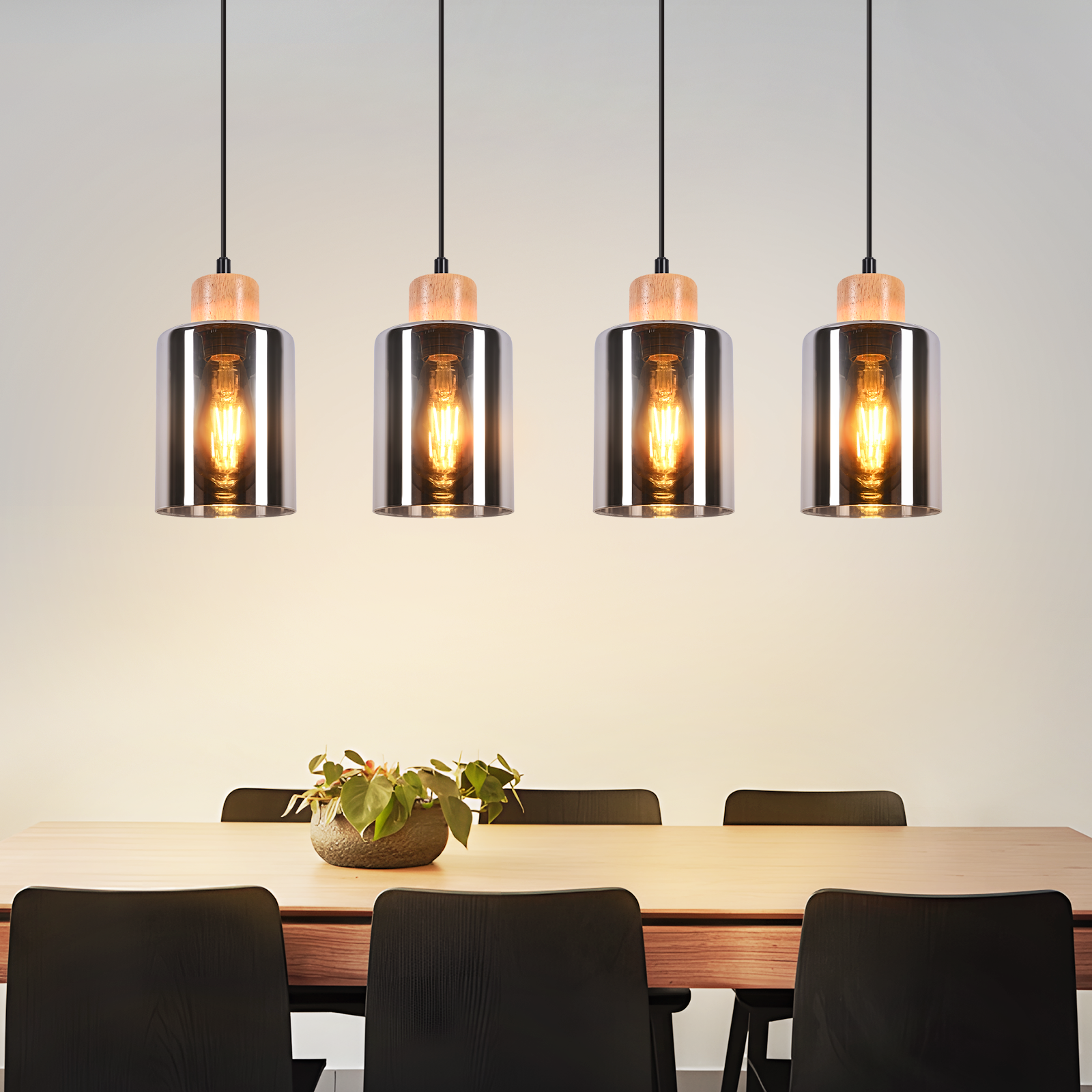 Zmh Lámpara Colgante Vintage De Madera Para Mesa De Comedor, 4 Luces, E27, Estilo Industrial.