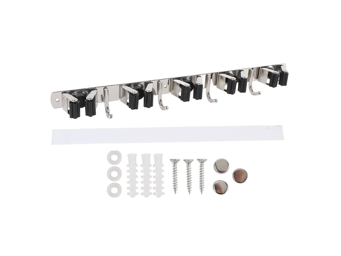 Escoba/fregona de pared de acero inoxidable con 5 ranuras y 4 ganchos.