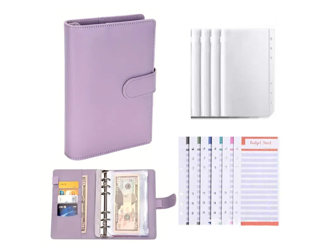Cuaderno MDUG A6 de piel sintética morada con bolsillo para monedas y cierre de cremallera
