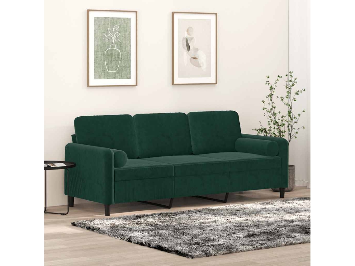 Sofá De 3 Plazas | Sofá De Salón | Sofá De Descanso Con Cojines Terciopelo Verde Oscuro 180 Cm