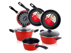 Bateria De Cocina 5 Piezas + Set Juego 3 Sartenes 18-20-24cm, Acero Vitrificado 820ºc, Libre Pfoa Magefesa Grana Rojo