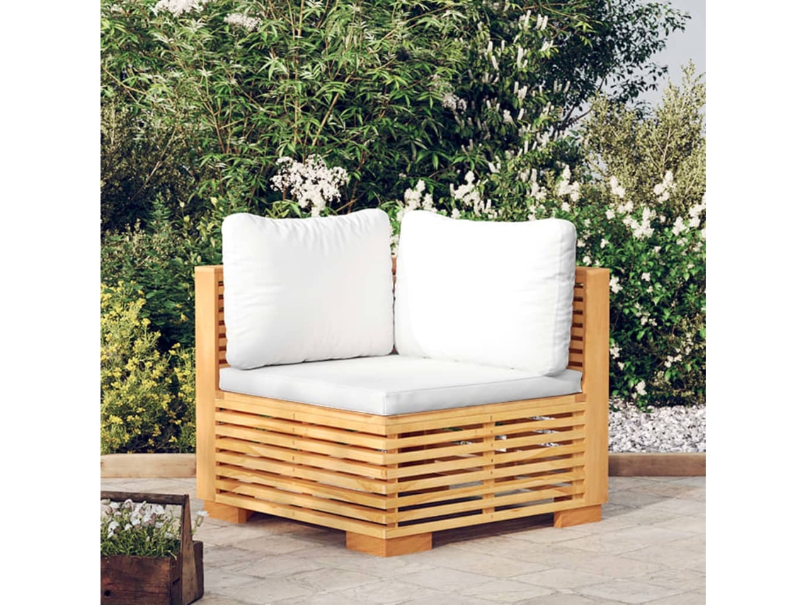 Precioso sofá esquinero de jardín con cojines color crema de teca maciza.