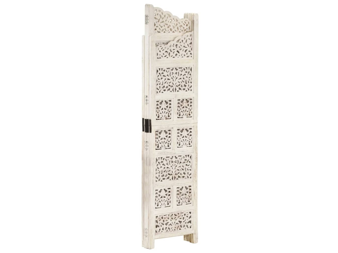 Biombo Divisor | Biombo Separador | Separador De Ambientes 4 Paneles Tallado A Mano Madera Mango Blanco 160x165 Cm