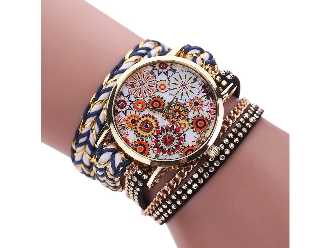 Reloj De Pulsera Para Mujer Con Correa Tejida Multicapa Y Esfera Azul Con Estampado Floral.