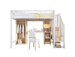 Cama alta de 90x200 cm - Estructura de hierro, armario, escritorio y escalera con espacio de almacenamiento - Blanca