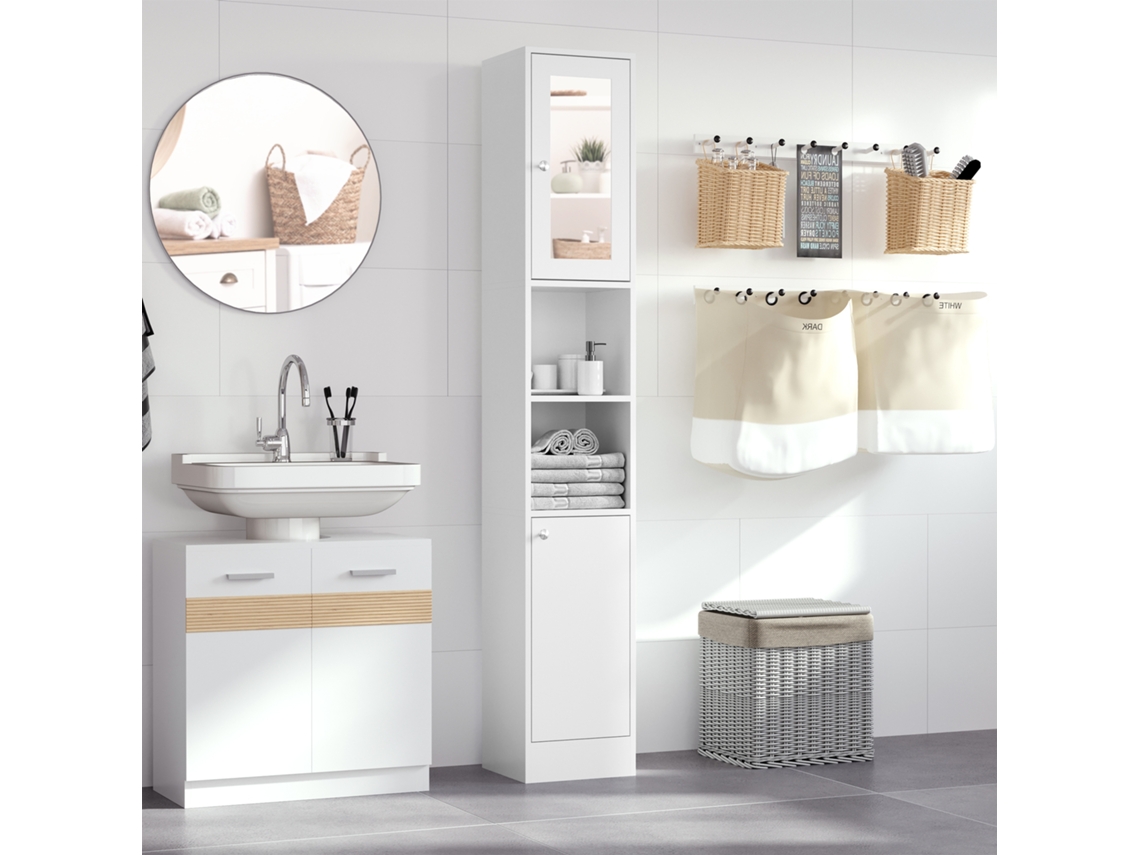 VPMKP - Armario alto de baño Kleankin con espejo, columna de madera, 2 estantes abiertos, 2 puertas y estantes interiores ajustables, 30x28x180 cm, blanco