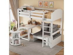 Litera Mezzanine Infantil 90x200 Cm Con Escritorio Deslizable, Sofá Con Almacenaje, Estantes, Escalera Y Base, Blanco