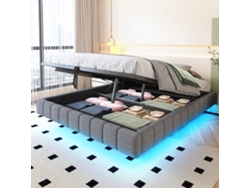 Canapé Lit Hydraulique 160x200cm Con Led, Almacenamiento, Sin Cabecero, Lino Gris