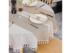 Mantel de inspiración rústica, llamativo estampado bordado con revestimiento impermeable, tejido de mezcla de lino de fácil cuidado, borlas.