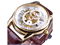 Reloj Mecánico Hollow Hombre De Cuero Pu Marrón Dial Blanco Caja Dorada Impermeable