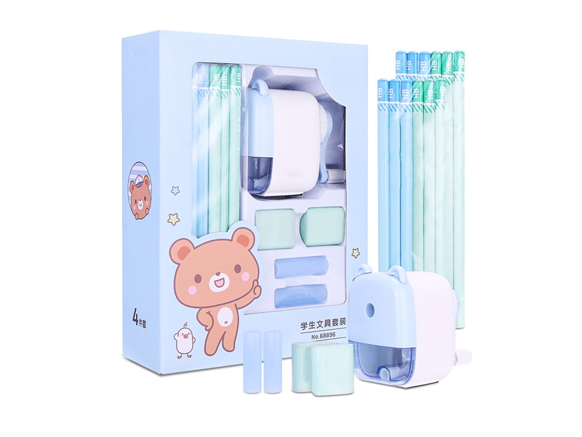 Bonito set de papelería azul para estudiantes: sacapuntas, goma de borrar