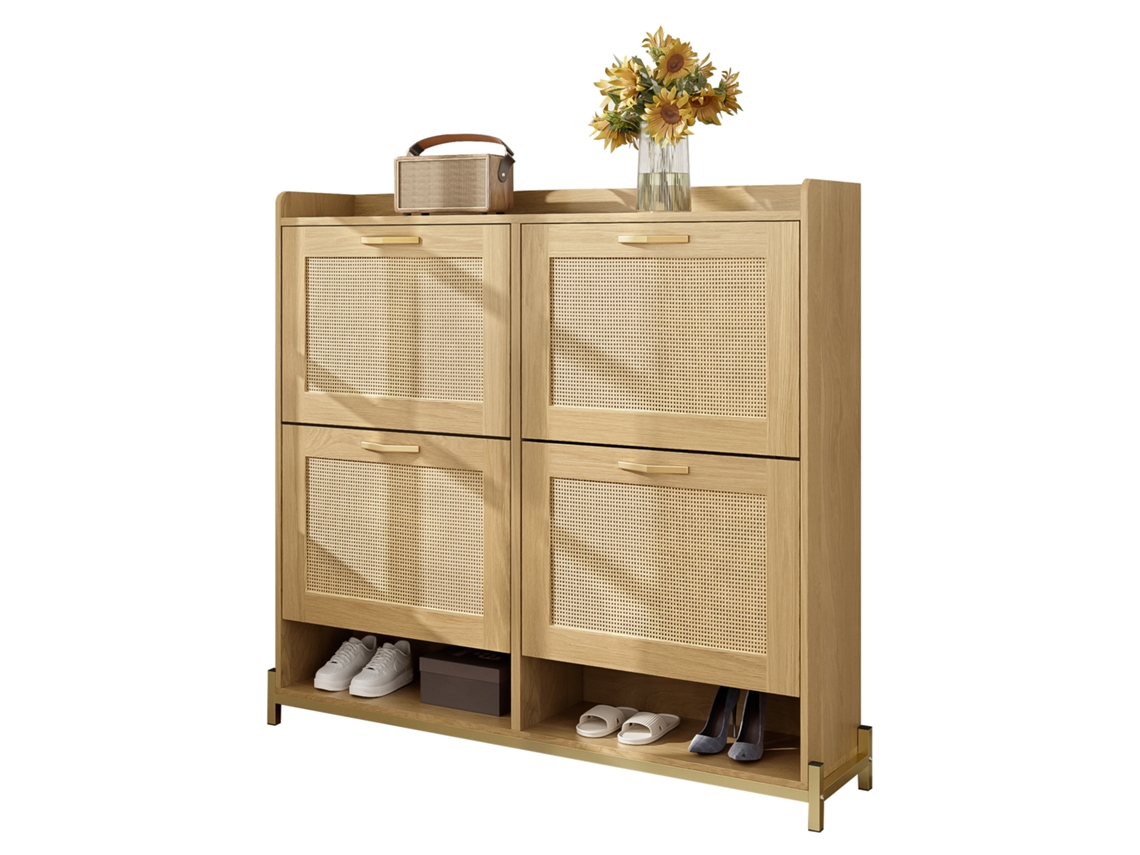 Elegante zapatero de madera con puertas de ratán: 4 puertas, estructura de metal y estante superior para un almacenamiento elegante y organizado.